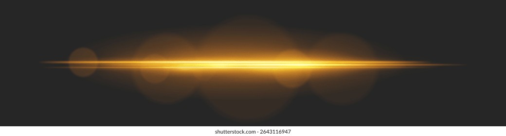 Horizontal light beam with intense glow and lens flare circles on black background. Ideal for cinematic transitions, sci-fi UI effects, or dramatic glowing overlays.