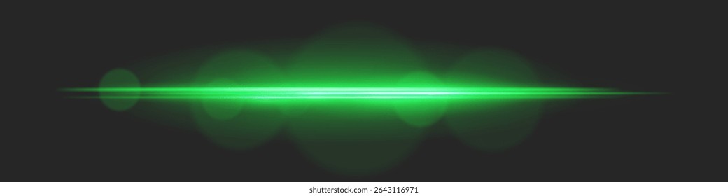 Horizontal haz de luz con brillo intenso y círculos de destellos de lente sobre fondo negro. Ideal para transiciones cinematográficas, efectos de interfaz de usuario de ciencia ficción o superposiciones brillantes dramáticas.