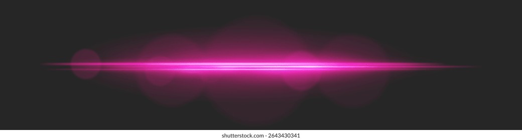 Horizontal haz de luz con brillo intenso y círculos de destellos de lente sobre fondo negro. Ideal para transiciones cinematográficas, efectos de interfaz de usuario de ciencia ficción o superposiciones brillantes dramáticas.