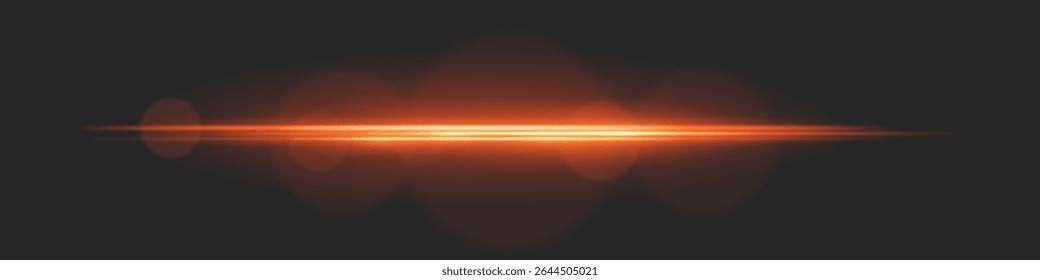 Feixe de luz horizontal com brilho intenso e círculos de clarão de lente em fundo preto. Ideal para transições cinematográficas, efeitos de interface de usuário de ficção científica ou sobreposições brilhantes dramáticas.