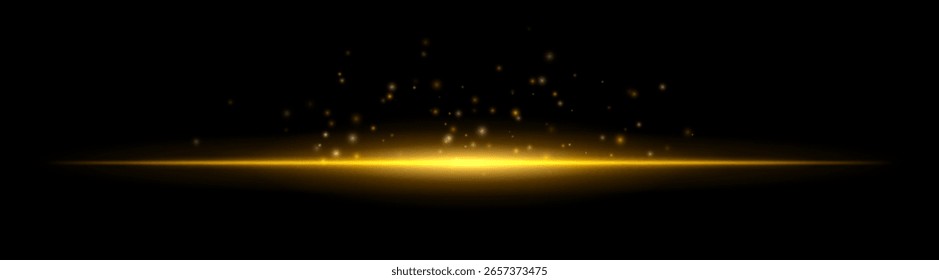 Horizontaler Lichtstrahl mit nach oben aufsteigenden Streupartikeln. Helles Zentrum mit glattem Radialglanz und darüber verteilten Schwimmelementen.