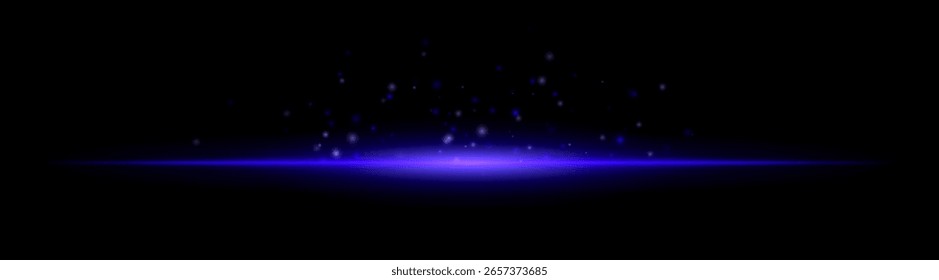 Horizontal light beam with scattered particles rising upward. Bright center with smooth radial glow and dispersed floating elements above.