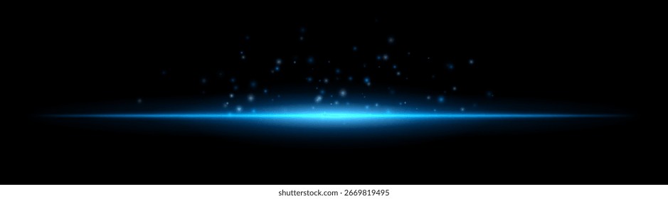 Horizontal light beam with scattered particles rising upward. Bright center with smooth radial glow and dispersed floating elements above.