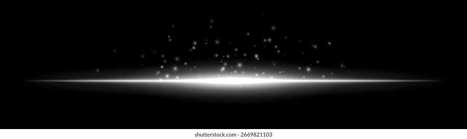 Feixe de luz horizontal com partículas dispersas subindo para cima. Centro brilhante com brilho radial suave e elementos flutuantes dispersos acima.