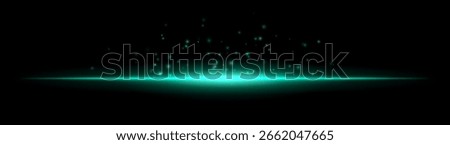 Horizontal light beam with scattered particles rising upward. Bright center with smooth radial glow and dispersed floating elements above.