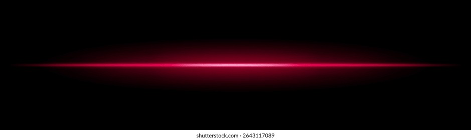 Feixe de luz horizontal com brilho radial suave no plano de fundo preto. Elegante flare mínima ideal para transições de ficção científica, efeitos de iluminação modernos ou sobreposições de brilho cinematográfico.