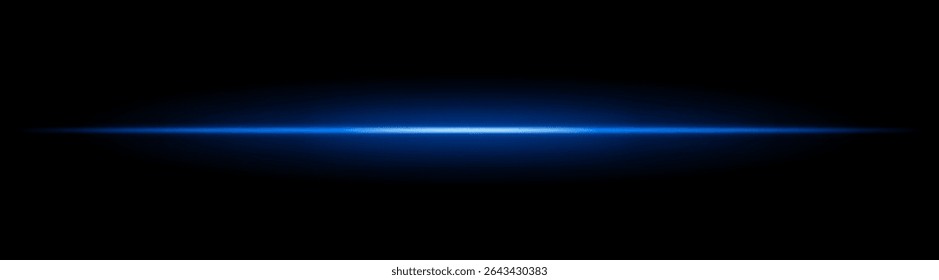 Horizontal light beam with soft radial glow on black background. Sleek minimal flare ideal for sci-fi transitions, modern lighting effects, or cinematic glow overlays.