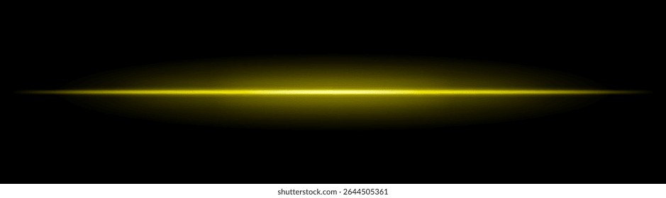 Feixe de luz horizontal com brilho radial suave no plano de fundo preto. Elegante flare mínima ideal para transições de ficção científica, efeitos de iluminação modernos ou sobreposições de brilho cinematográfico.