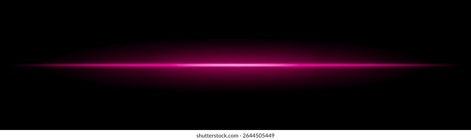 Feixe de luz horizontal com brilho radial suave no plano de fundo preto. Elegante flare mínima ideal para transições de ficção científica, efeitos de iluminação modernos ou sobreposições de brilho cinematográfico.