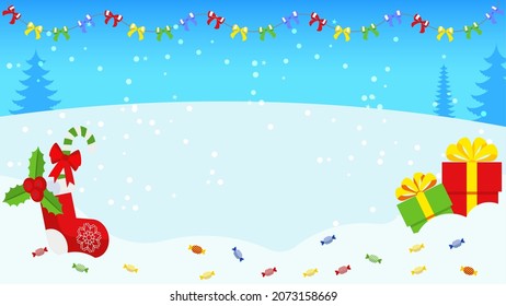 Horizontal light blue winter snowy landscape. Santa Claus boot, gift boxes. Background for postcards for Christmas and New Year. Vector illustration.