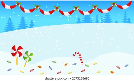 Horizontale hellblaue Winterschneelandschaft. Garland und Süßigkeiten, Bonbons. Hintergrund für Postkarten zu Weihnachten und Neujahr. Vektorgrafik.