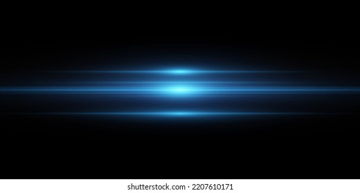 Horizontal light effect isolated on black background. Graphical element for design. Bright blue glowing lines. Lens flare. Abstract rays. Vector illustration. EPS 10