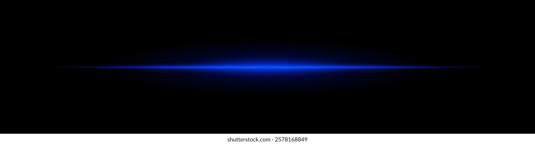 Horizontal light flare with cold glow on a black background. Blue energy beam with smooth gradient effect, cinematic lens reflection, futuristic shine.