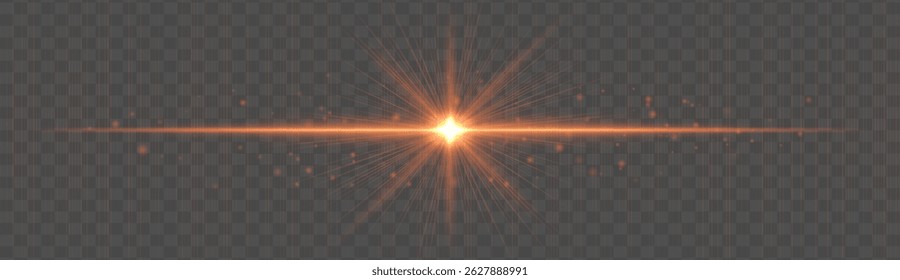 Horizontal light flare with glowing rays and floating sparkles on transparent background. Elegant vector glow effect for highlights, decoration, or festive design.