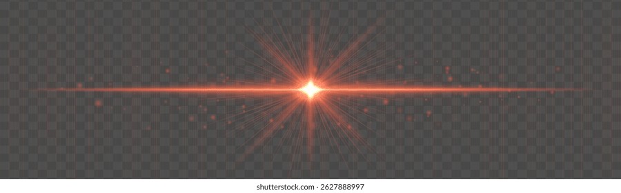 Horizontal light flare with glowing rays and floating sparkles on transparent background. Elegant vector glow effect for highlights, decoration, or festive design.