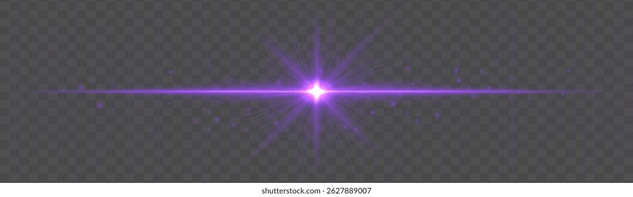 Destello de luz Horizontal con rayos brillantes y destellos flotantes sobre fondo transparente. Elegante efecto de brillo de Vector para realces, decoración o diseño festivo.