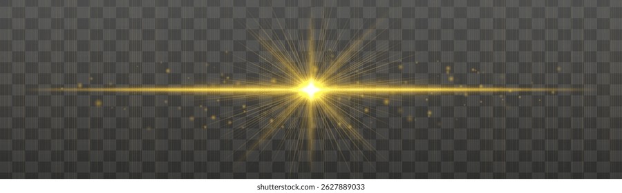 Horizontal light flare with glowing rays and floating sparkles on transparent background. Elegant vector glow effect for highlights, decoration, or festive design.