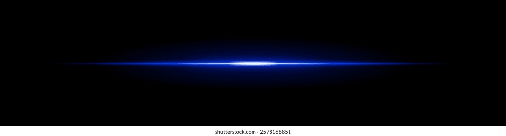 Horizontal light flare on a black background. Glowing blue beam with soft gradient effect, futuristic energy, lens reflection, cinematic glow.