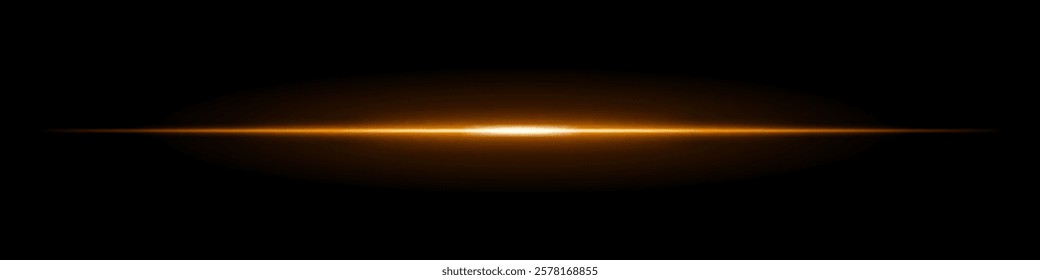 Horizontal light flare on a black background. Glowing orange beam with soft gradient effect, futuristic energy, lens reflection, cinematic glow.