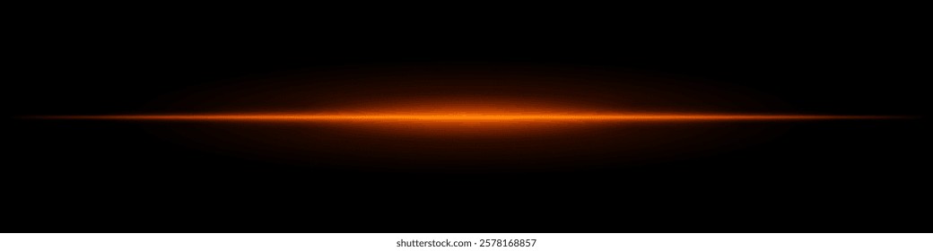 Horizontal light flare with warm glow on a black background. Orange energy beam with smooth gradient effect, cinematic lens reflection, futuristic shine.