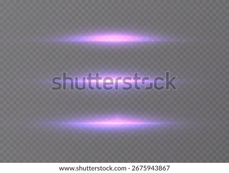 Horizontal light flares with purple glow and soft shine on transparent background. Bright abstract light lines for futuristic interfaces, magic effects and digital design.