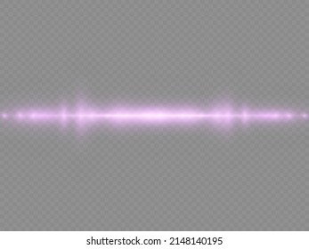 Horizontal light rays, beautiful light flare, flash purple horizontal lens flares pack, laser beams, glow violet line on transparent background, bright glare, vector illustration, eps 10.