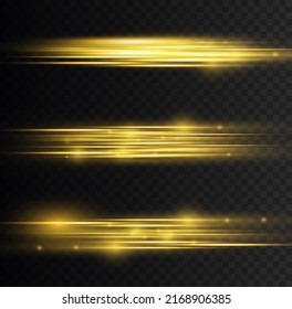 Horizontal light rays, beautiful light flare, bright gold glare, flash yellow horizontal lens flares pack, golden laser beams, glow yellow line on transparent background, vector illustration, eps 10.