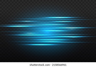 Horizontal light rays, flash blue horizontal lens flares pack, speed laser beams, glow blue line motion on transparent background, beautiful light flare, bright gold glare, vector illustration, eps 10