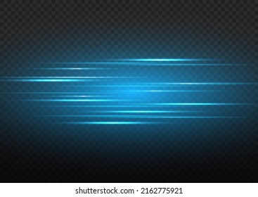 Horizontal light rays, flash blue horizontal lens flares pack, speed laser beams, glow blue line motion on transparent background, beautiful light flare, bright gold glare, vector illustration, eps 10