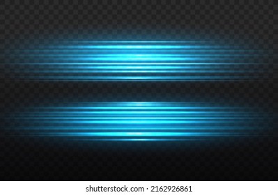 Horizontal light rays, flash blue horizontal lens flares pack, speed laser beams, glow blue line motion on transparent background, beautiful light flare, bright gold glare, vector illustration, eps 10