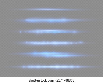 Horizontal light rays, flash blue horizontal lens flares pack, speed laser beams, glow blue line motion on transparent background, beautiful light flare, bright glare, vector illustration, eps 10
