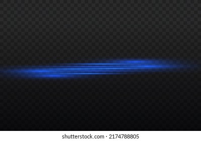 Horizontal light rays, flash blue horizontal lens flares pack, speed laser beams, glow blue line motion on transparent background, beautiful light flare, bright glare, vector illustration, eps 10