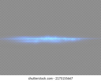 Horizontal light rays, flash blue horizontal lens flares pack, speed laser beams, glow blue line motion on transparent background, beautiful light flare, bright glare, vector illustration, eps 10