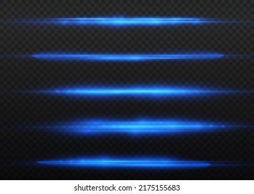 Horizontal light rays, flash blue horizontal lens flares pack, speed laser beams, glow blue line motion on transparent background, beautiful light flare, bright glare, vector illustration, eps 10