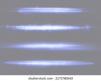 Horizontal light rays, flash blue horizontal lens flares pack, speed laser beams, glow blue line motion on transparent background, beautiful light flare, bright glare, vector illustration, eps 10