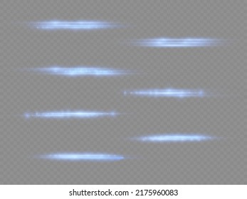 Horizontal light rays, flash blue horizontal lens flares pack, speed laser beams, glow blue line motion on transparent background, beautiful light flare, bright glare, vector illustration, eps 10