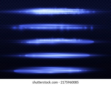 Horizontal light rays, flash blue horizontal lens flares pack, speed laser beams, glow blue line motion on transparent background, beautiful light flare, bright glare, vector illustration, eps 10