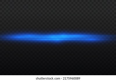 Horizontal light rays, flash blue horizontal lens flares pack, speed laser beams, glow blue line motion on transparent background, beautiful light flare, bright glare, vector illustration, eps 10