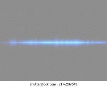 Horizontal light rays, flash blue horizontal lens flares pack, speed laser beams, glow blue line motion on transparent background, beautiful light flare, bright glare, vector illustration, eps 10