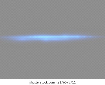 Horizontal light rays, flash blue horizontal lens flares pack, speed laser beams, glow blue line motion on transparent background, beautiful light flare, bright glare, vector illustration, eps 10