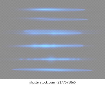 Horizontal light rays, flash blue horizontal lens flares pack, speed laser beams, glow blue line motion on transparent background, beautiful light flare, bright glare, vector illustration, eps 10