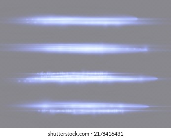 Horizontal light rays, flash blue horizontal lens flares pack, speed laser beams, glow blue line motion on transparent background, beautiful light flare, bright glare, vector illustration, eps 10