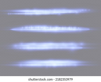 Horizontal light rays, flash blue horizontal lens flares pack, speed laser beams, glow blue line motion on transparent background, beautiful light flare, bright glare, vector illustration, eps 10