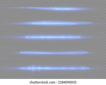 Horizontal light rays, flash blue horizontal lens flares pack, speed laser beams, glow blue line motion on transparent background, beautiful light flare, bright glare, vector illustration, eps 10