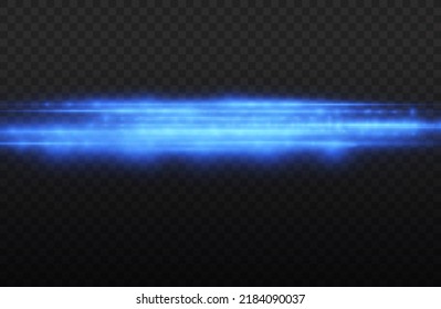 Horizontal light rays, flash blue horizontal lens flares pack, speed laser beams, glow blue line motion on transparent background, beautiful light flare, bright glare, vector illustration, eps 10