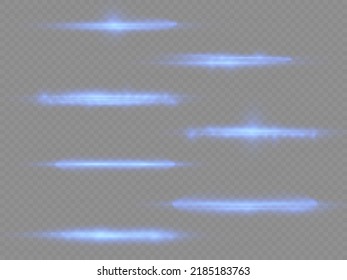 Horizontal light rays, flash blue horizontal lens flares pack, speed laser beams, glow blue line motion on transparent background, beautiful light flare, bright glare, vector illustration, eps 10