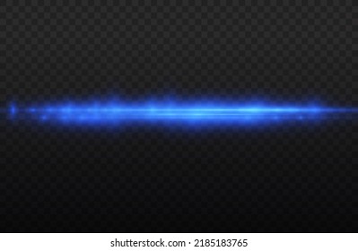 Horizontal light rays, flash blue horizontal lens flares pack, speed laser beams, glow blue line motion on transparent background, beautiful light flare, bright glare, vector illustration, eps 10