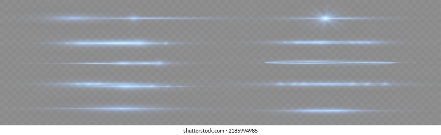 Horizontal light rays, flash blue horizontal lens flares pack, speed laser beams, glow blue line motion on transparent background, beautiful light flare, bright glare, vector illustration, eps 10