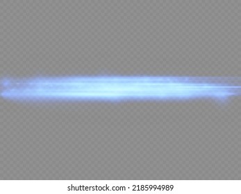 Horizontal light rays, flash blue horizontal lens flares pack, speed laser beams, glow blue line motion on transparent background, beautiful light flare, bright glare, vector illustration, eps 10