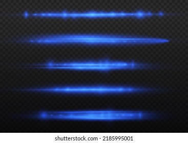 Horizontal light rays, flash blue horizontal lens flares pack, speed laser beams, glow blue line motion on transparent background, beautiful light flare, bright glare, vector illustration, eps 10